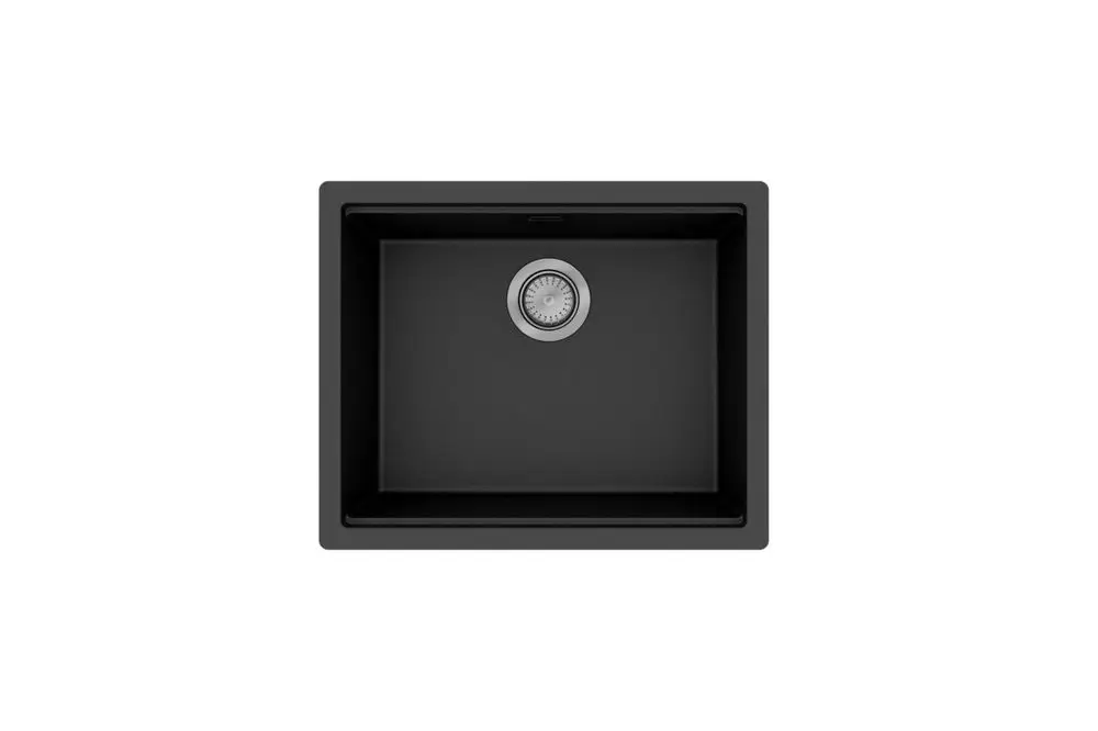 Unterbauspüle in Graphitschwarz von Hansgrohe, rechteckig mit zentralem Abfluss und Abflussgarnitur, aus hochwertigem Material gefertigt.